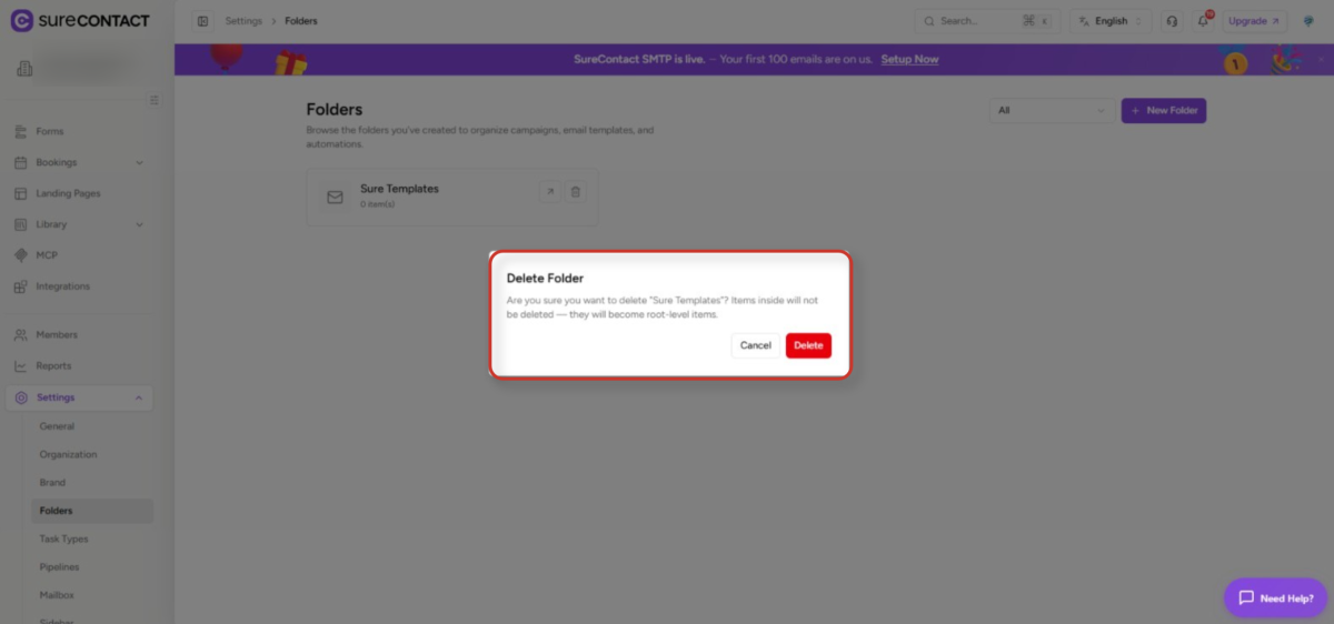 Folders in SureContact delete folder confirmation dialog