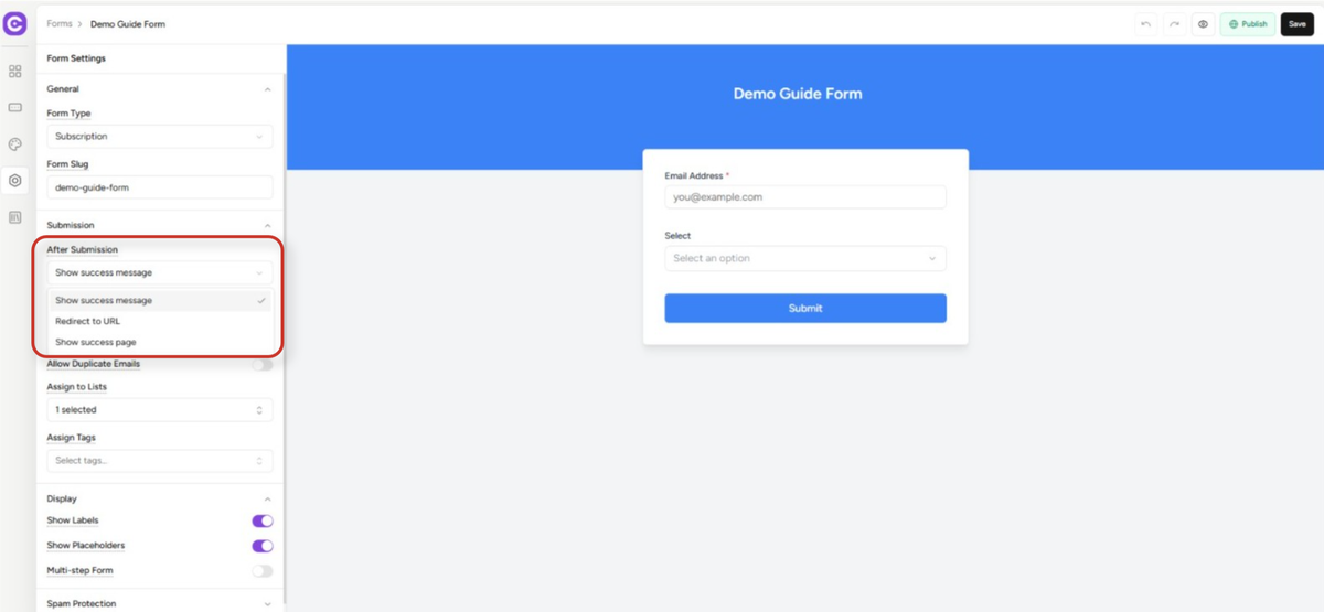 Forms Custom Success Message Redirect Guide demo guide form builder interface (2)