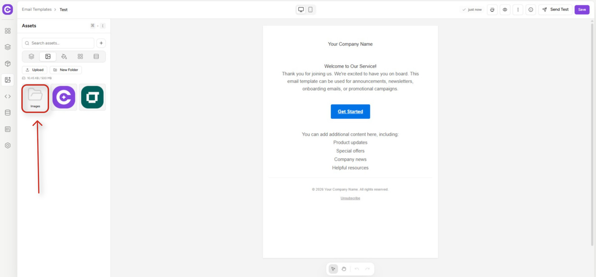email design interface with welcome message template
