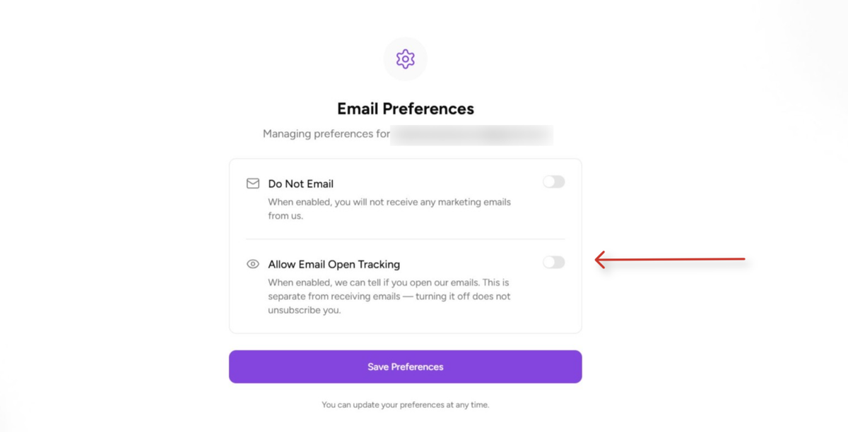 Email Open Tracking Consent SureContact email preferences settings page