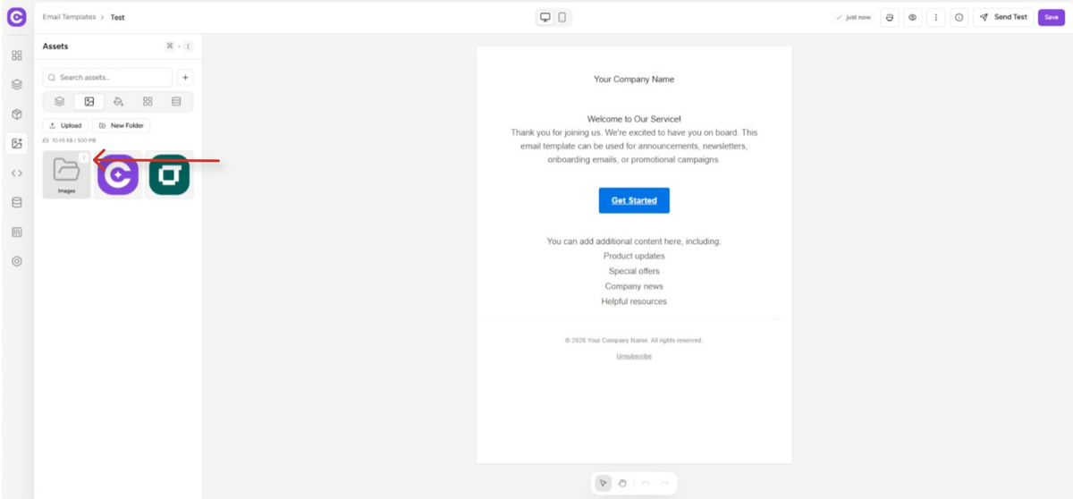 email template builder interface with welcome message template