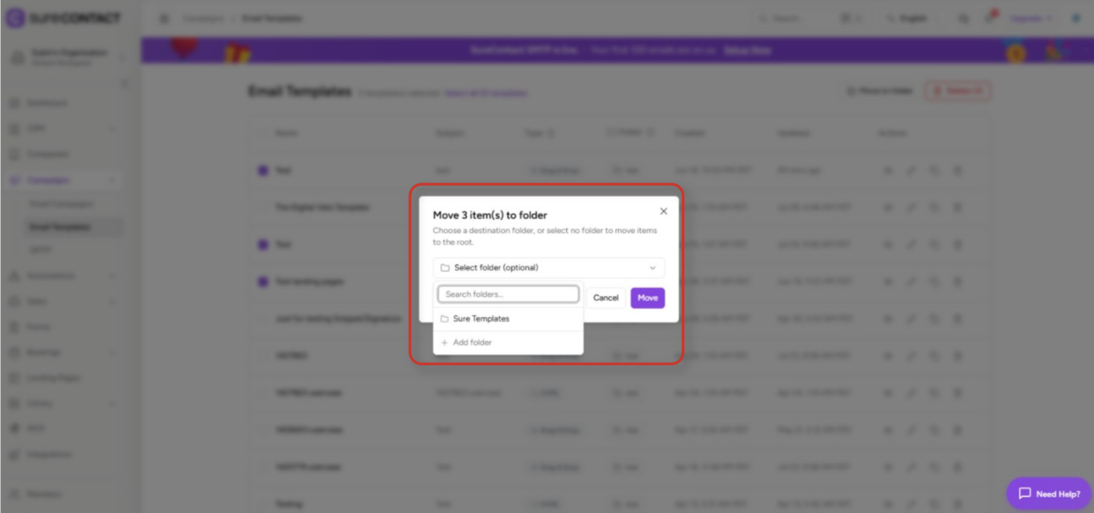 Folders in SureContact email template management interface with move to folder dialog
