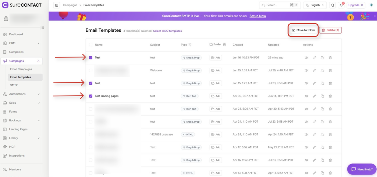Folders in SureContact email templates management dashboard in surecontact web application