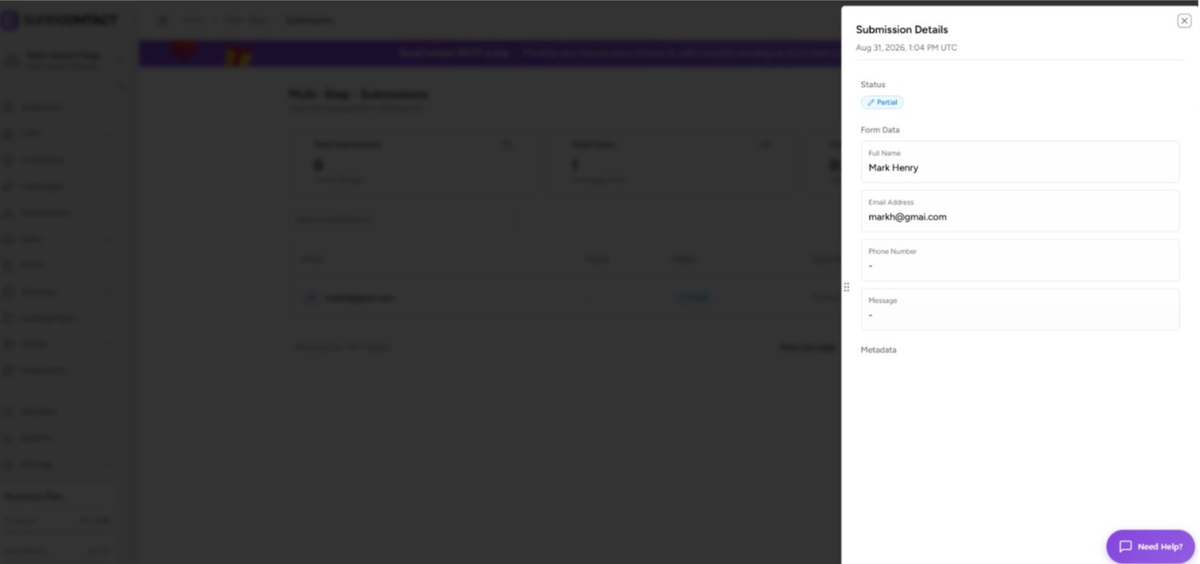 Partial Form Submission Guide form submission details panel in software interface