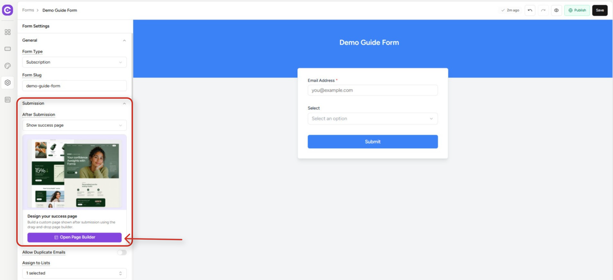 Forms Custom Success Message Redirect Guide interface for online form creation and configuration settings