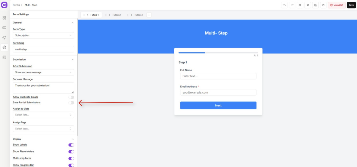 Partial Form Submission Guide multi step form builder interface (1)