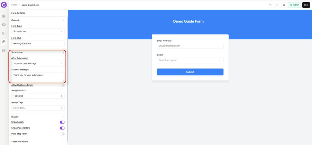 Forms Custom Success Message Redirect Guide online form builder design interface