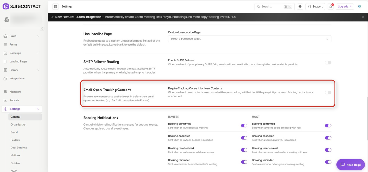 Email Open Tracking Consent SureContact surecontact platform general settings interface