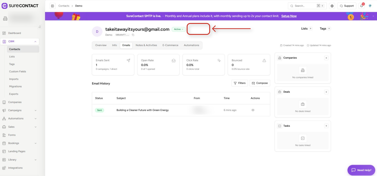 Email Open Tracking Consent SureContact surecontact crm contact email dashboard