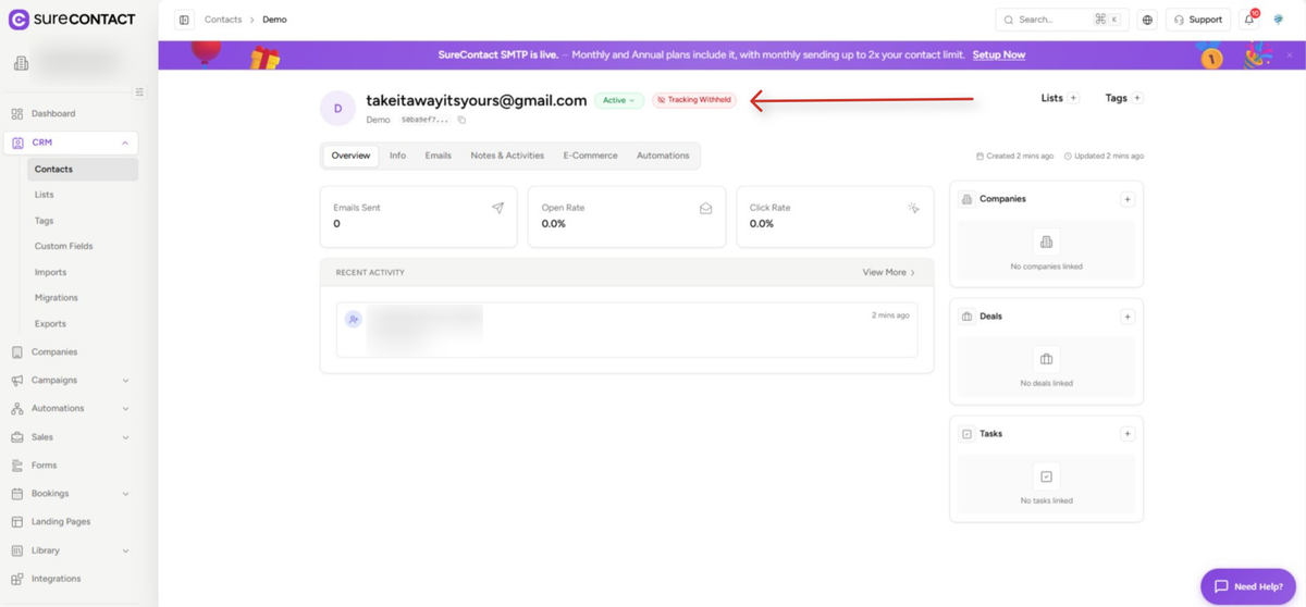 Email Open Tracking Consent SureContact surecontact crm contact overview