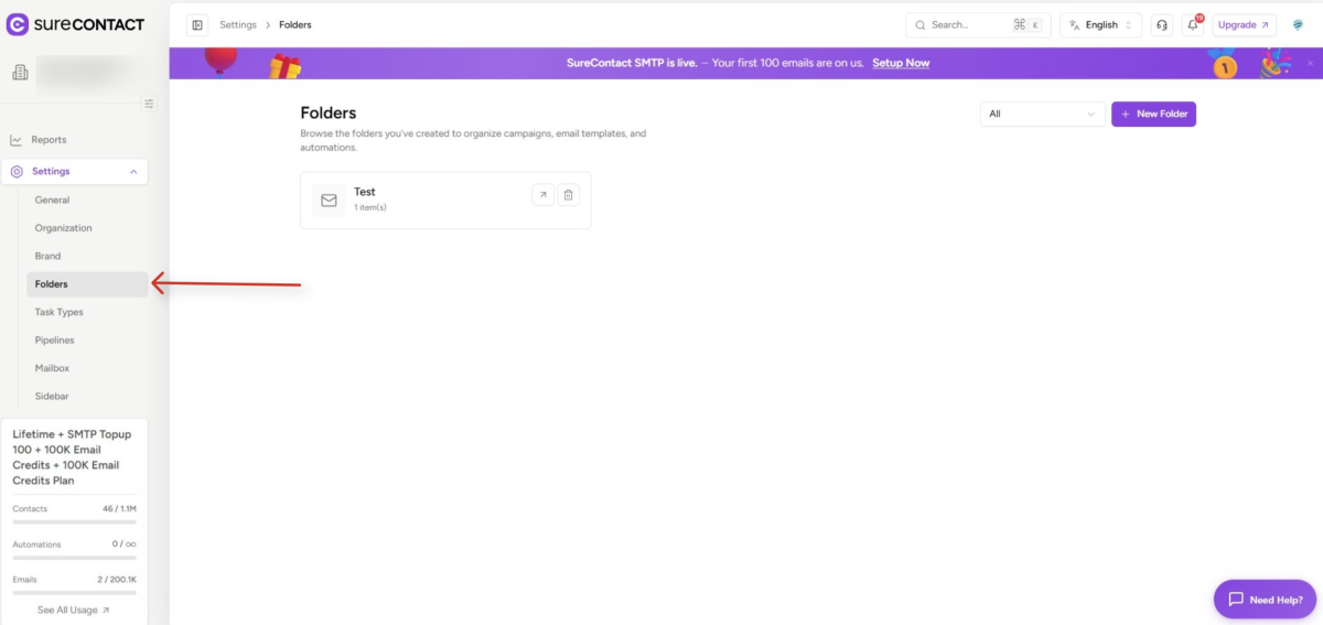 Folders in SureContact surecontact folder management interface