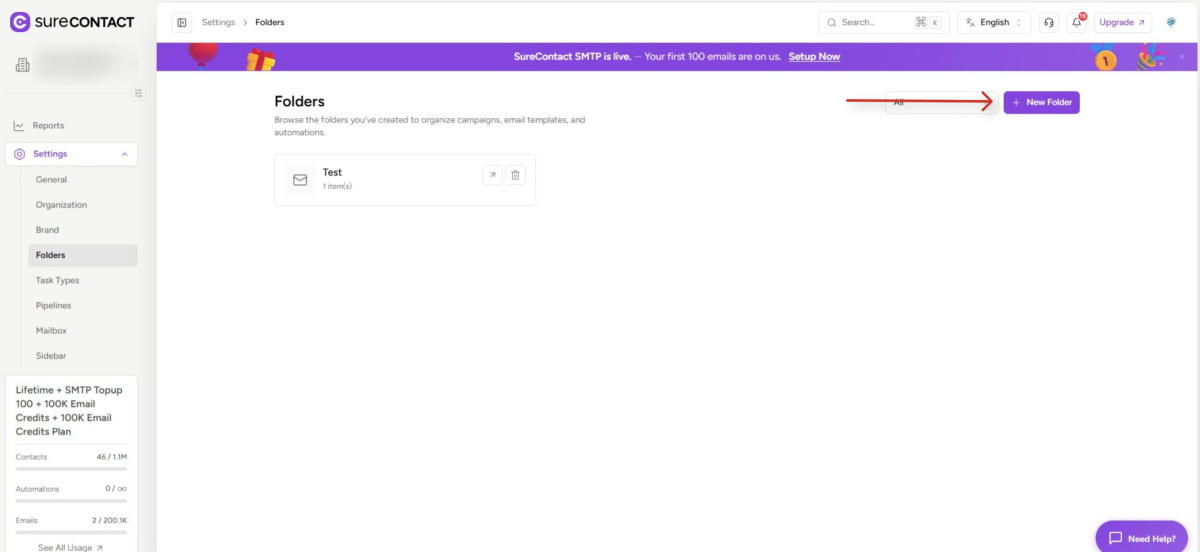Folders in SureContact surecontact folders settings page