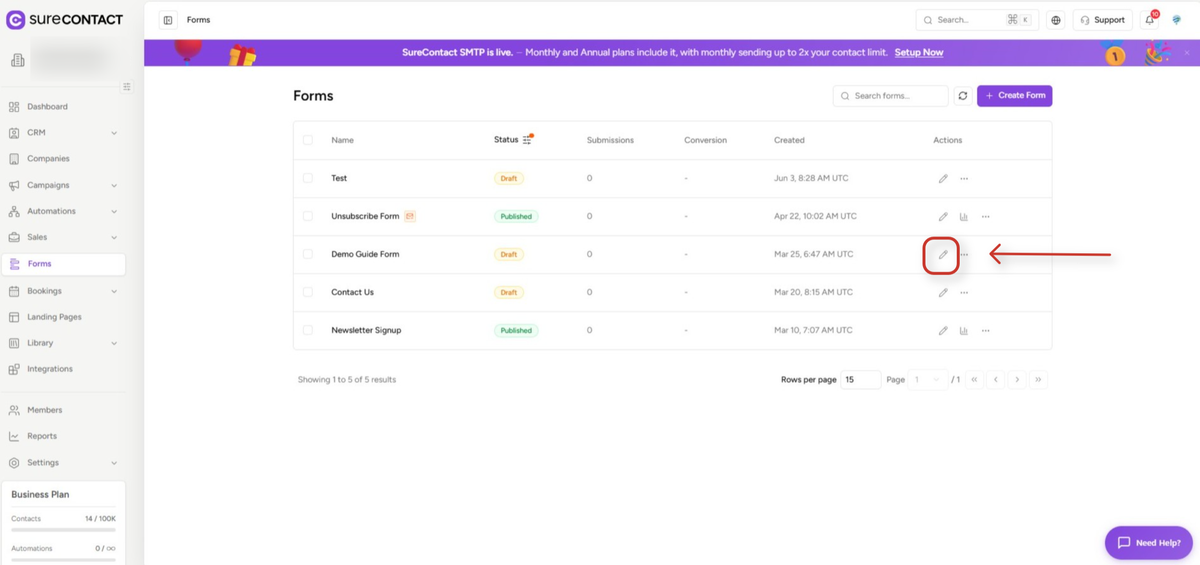 Forms Custom Success Message Redirect Guide surecontact forms dashboard