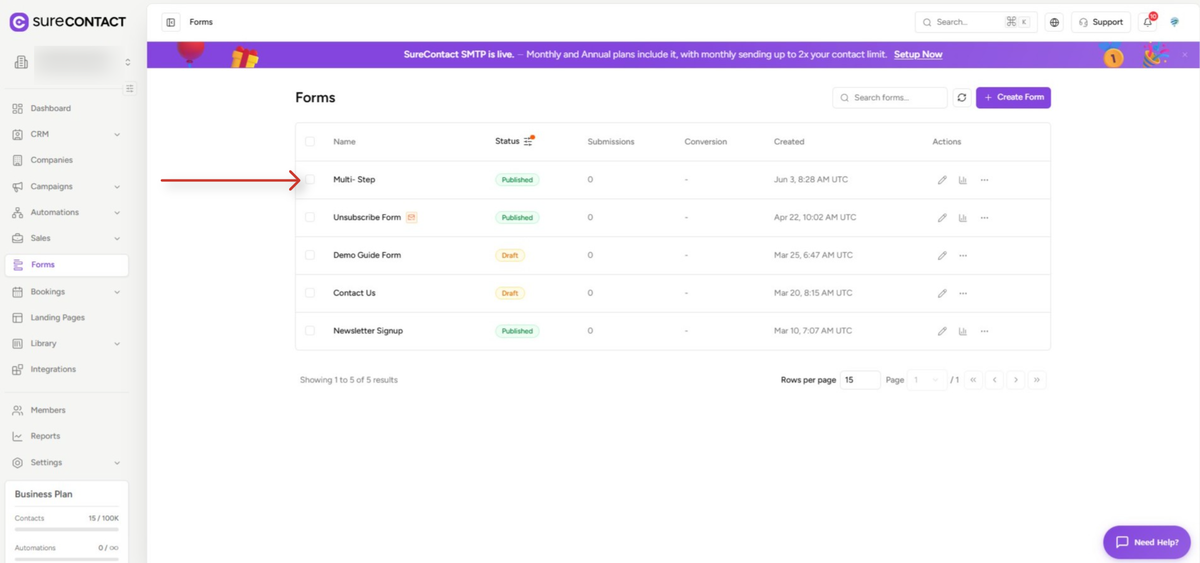 Partial Form Submission Guide surecontact forms dashboard interface (1)