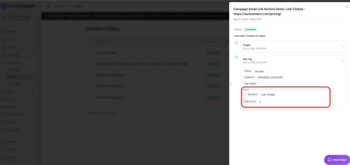 campaign email link actions execution history