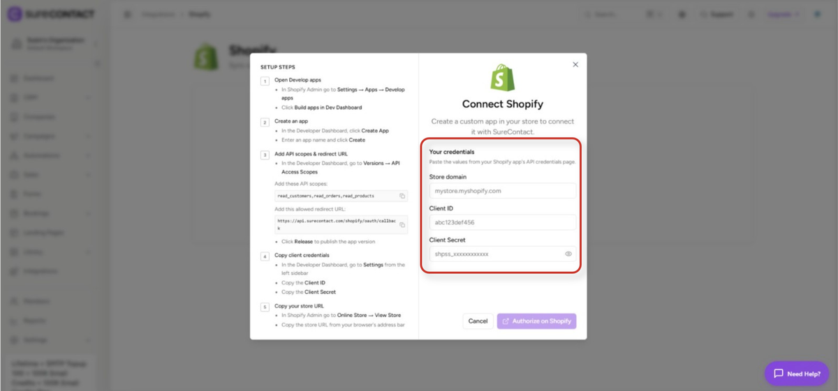 Shopify Integration with SureContact Guide connect shopify modal with setup steps