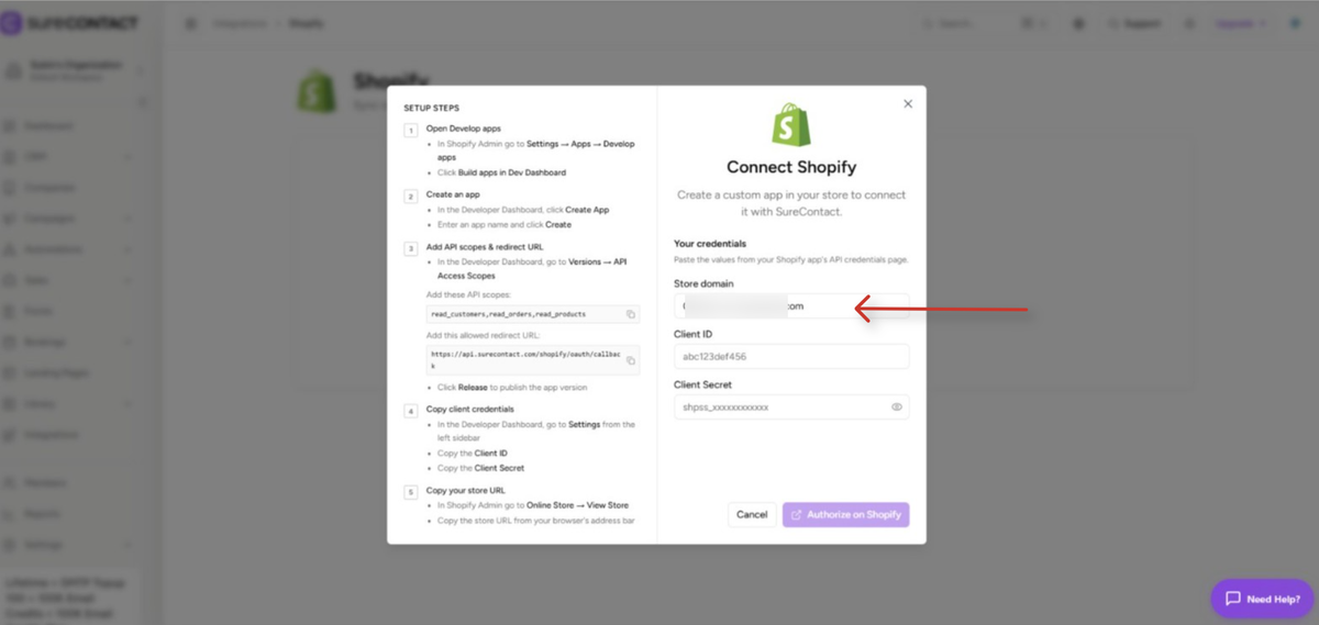Shopify Integration with SureContact Guide connect shopify setup screen in surecontact