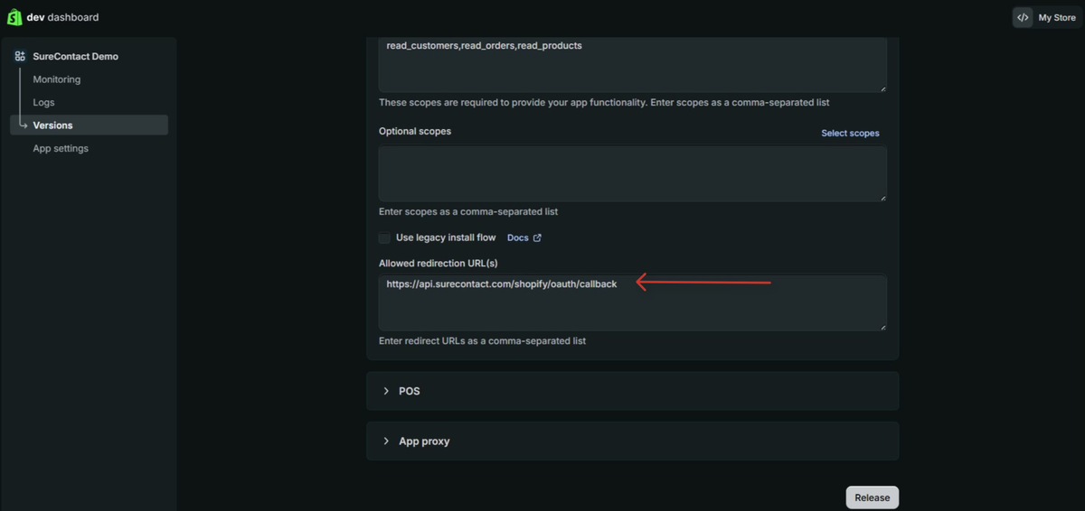 Shopify Integration with SureContact Guide developer dashboard app versions configuration