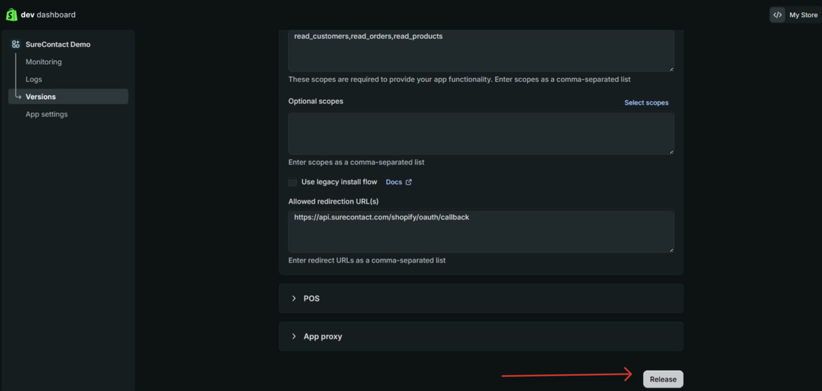 Shopify Integration with SureContact Guide developer dashboard application configuration screen