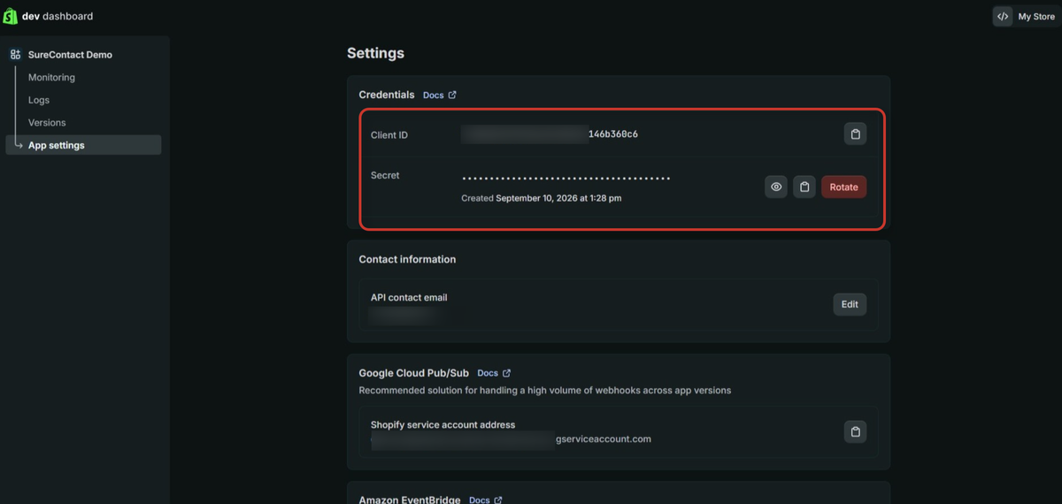 Shopify Integration with SureContact Guide developer dashboard application settings page