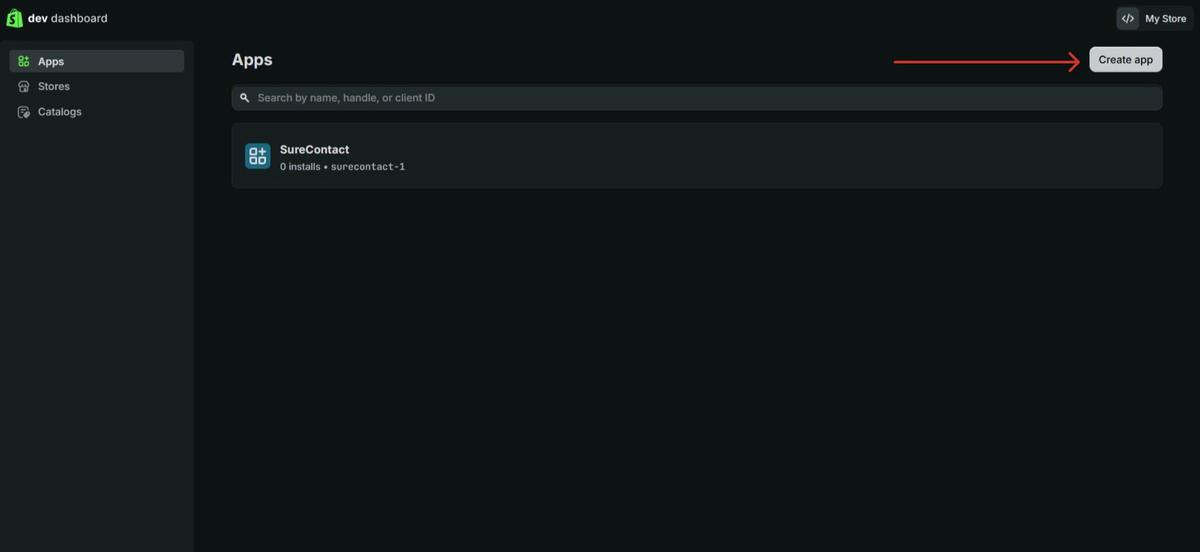 Shopify Integration with SureContact Guide developer dashboard apps view
