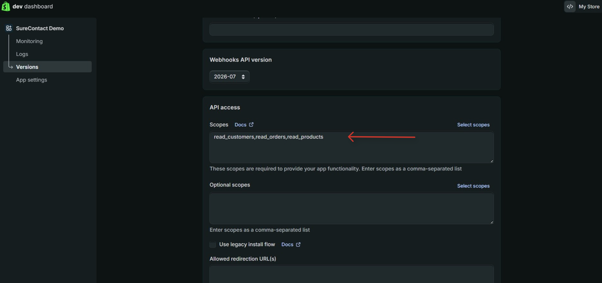 Shopify Integration with SureContact Guide developer dashboard with api access settings