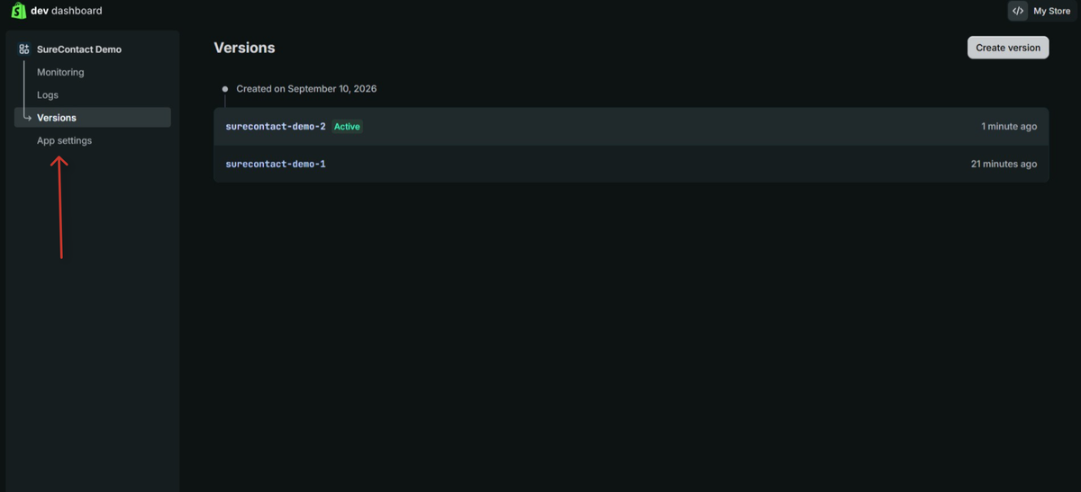 Shopify Integration with SureContact Guide developer dashboard showing app versions