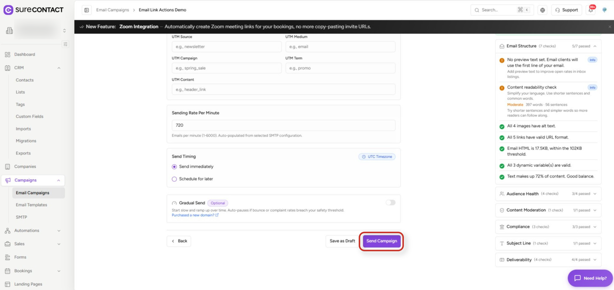 email campaign configuration and analysis dashboard