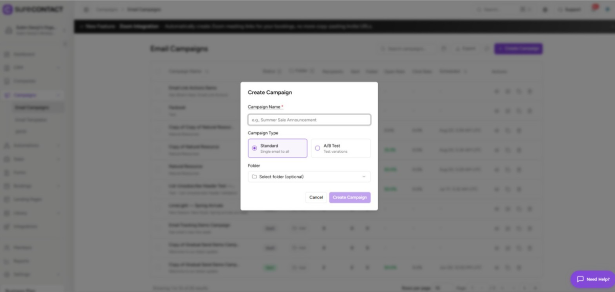 email campaign creation dialog window