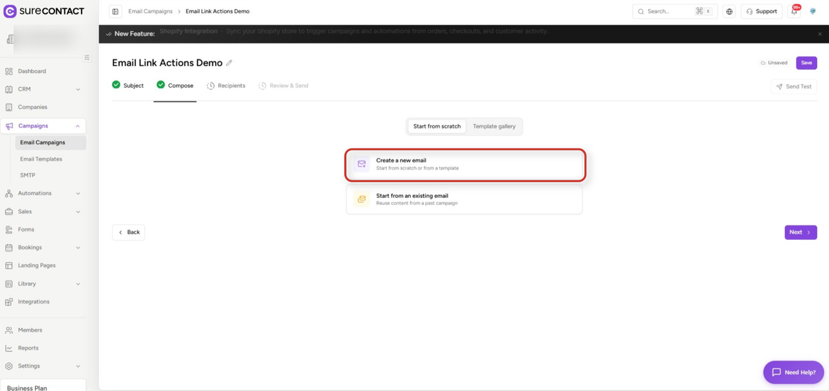 email campaign creation interface on marketing platform