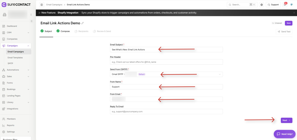 email campaign subject setup interface