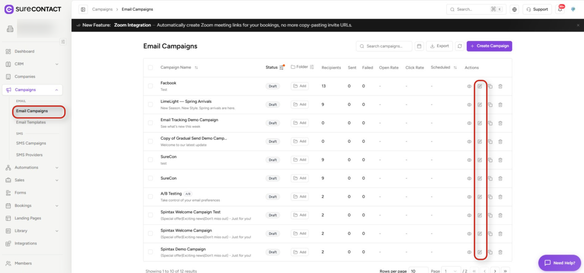 email campaigns dashboard interface