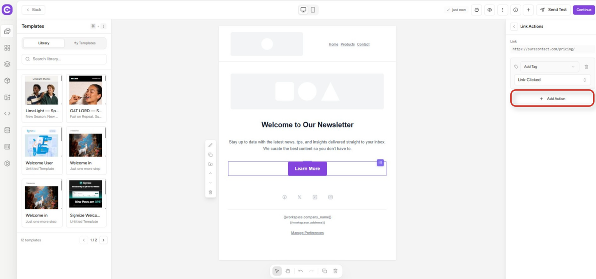 email design interface with newsletter template