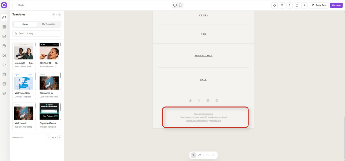 email template design interface showing library and preview