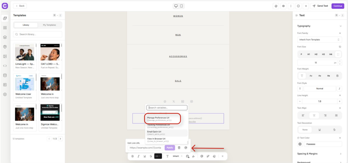 interface of an email design and customization tool
