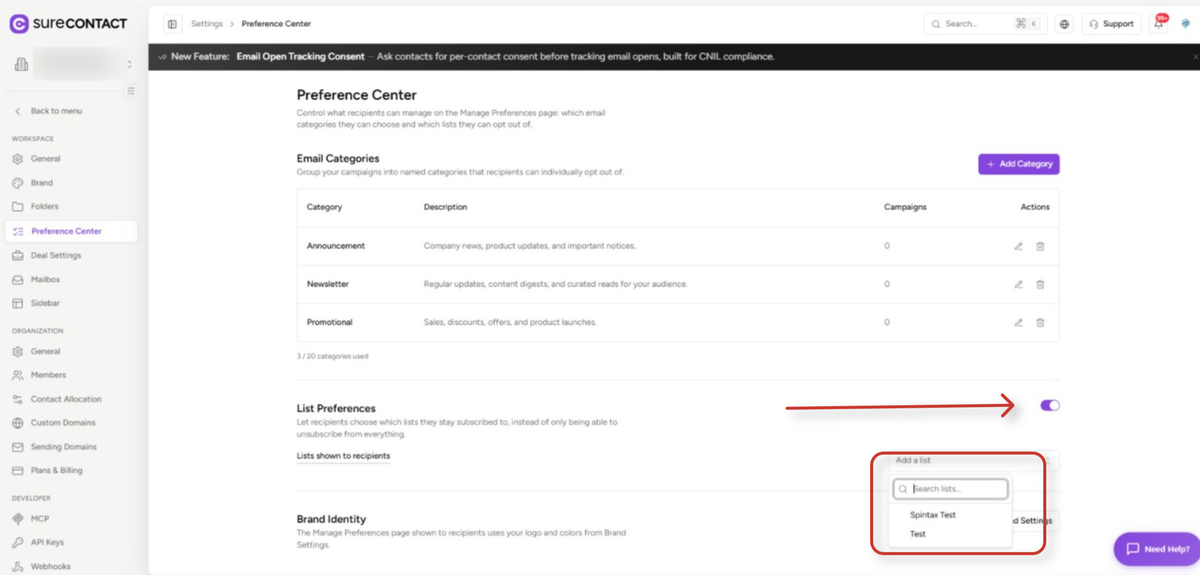 preference center settings interface for email campaign management