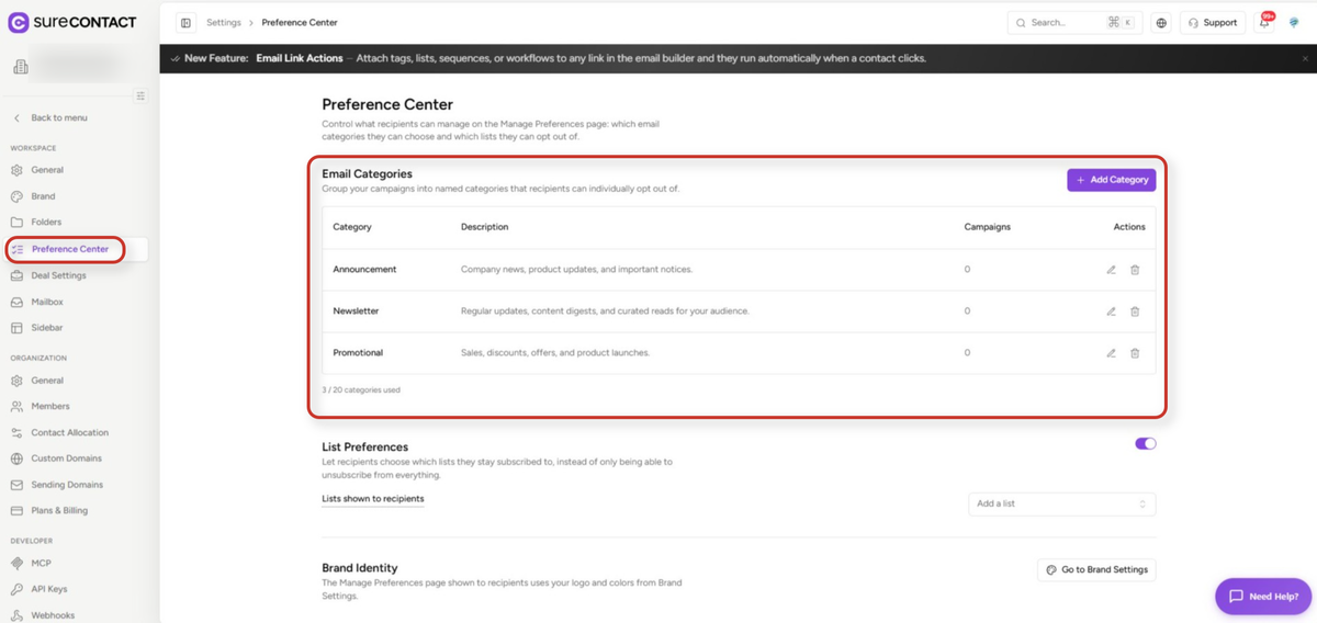 surecontact preference center settings page