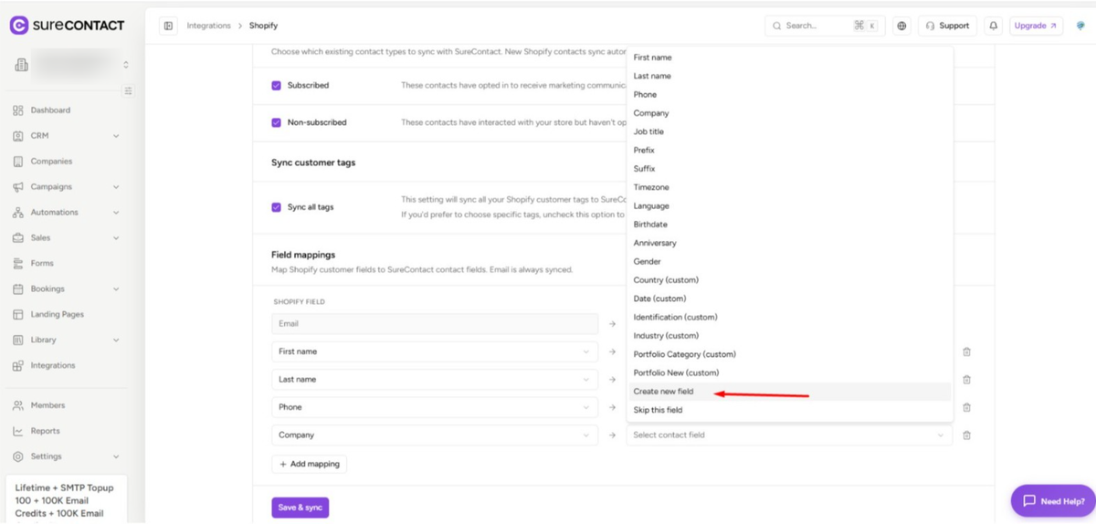 Shopify Integration with SureContact Guide surecontact shopify integration field mapping settings