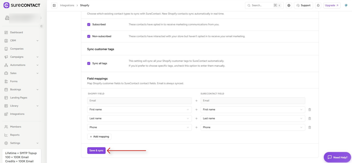 Shopify Integration with SureContact Guide shopify integration settings in surecontact (1)