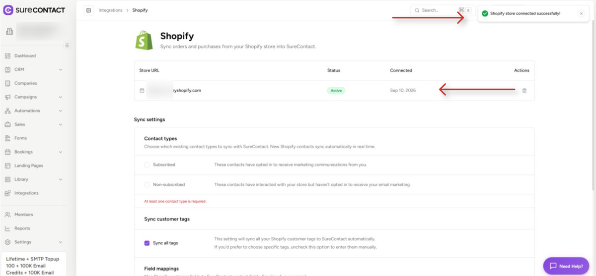 Shopify Integration with SureContact Guide shopify integration settings in surecontact