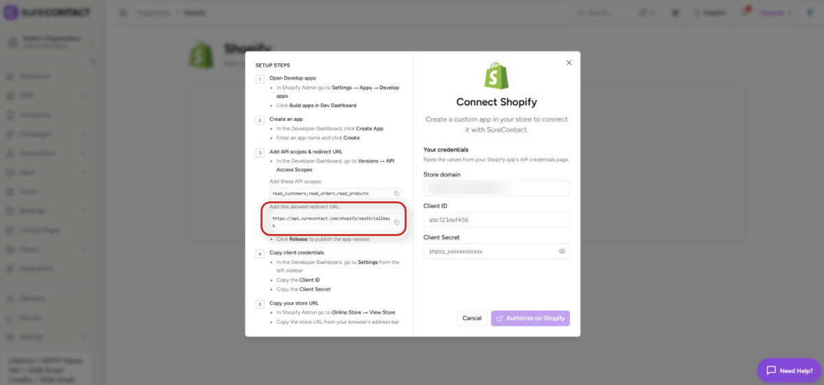Shopify Integration with SureContact Guide shopify integration setup modal in surecontact