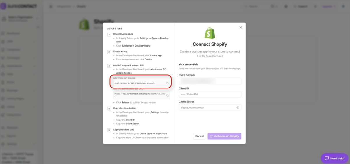 Shopify Integration with SureContact Guide shopify integration setup in surecontact dashboard
