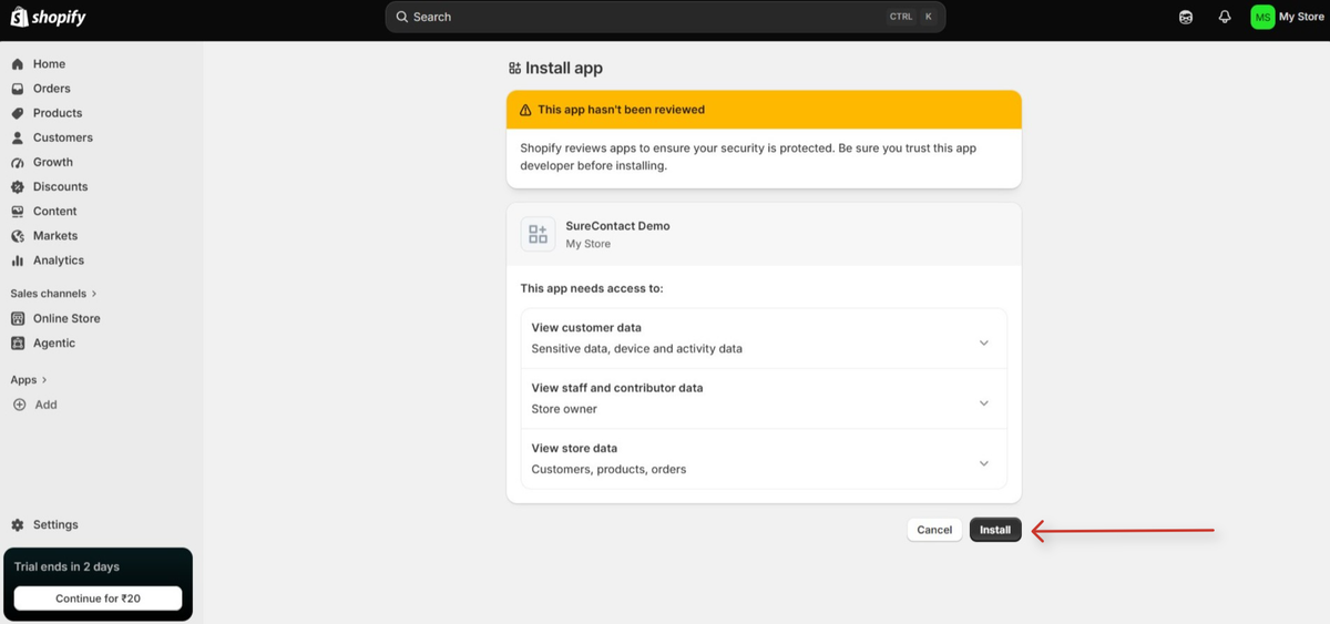 Shopify Integration with SureContact Guide shopify app installation screen