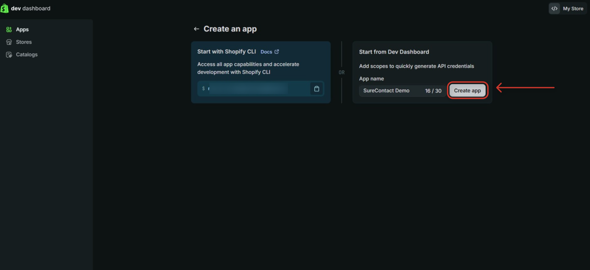 Shopify Integration with SureContact Guide shopify developer dashboard for creating an app