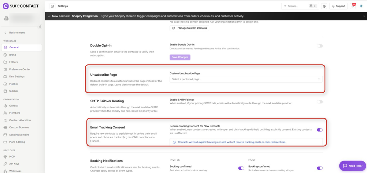 software workspace general settings page