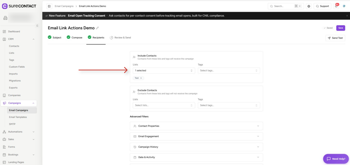 surecontact email campaign recipient selection dashboard