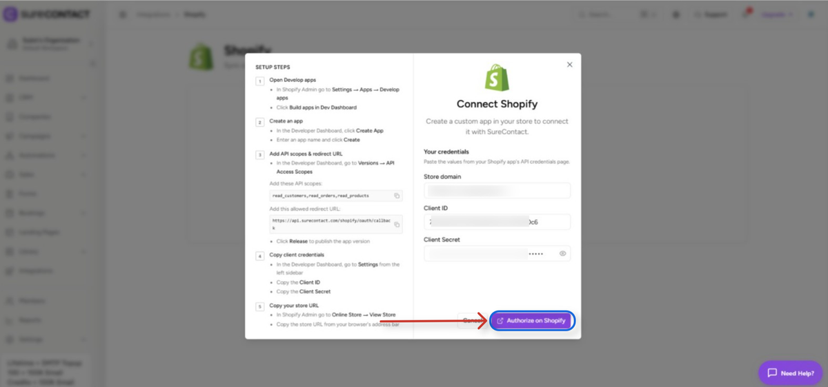 Shopify Integration with SureContact Guide surecontact shopify integration setup window