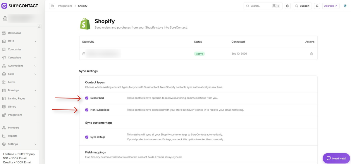 Shopify Integration with SureContact Guide surecontact shopify integration sync settings