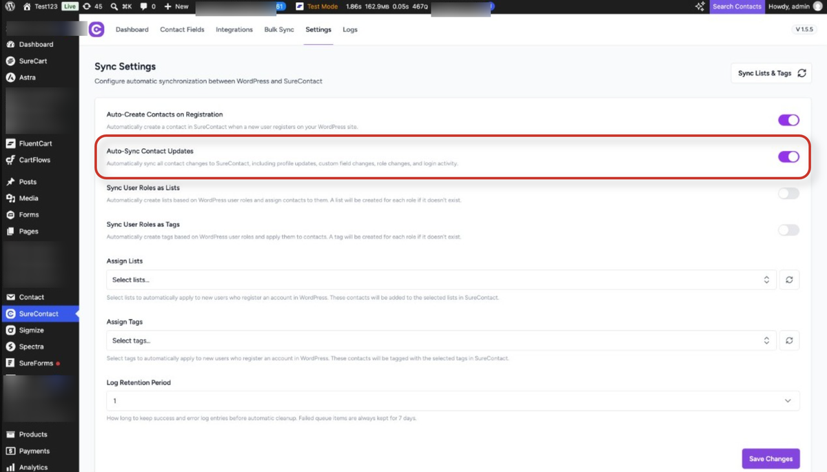 FluentCart & FluentCommunity Integration With SureContact wordpress plugin synchronization settings interface